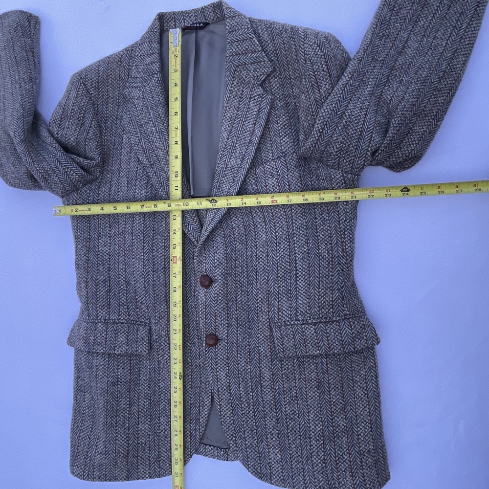 Vintage 1960s Harris Tweed Herringbone Blazer 42R Brown 100% Wool Made In USA - Picture 7 of 16